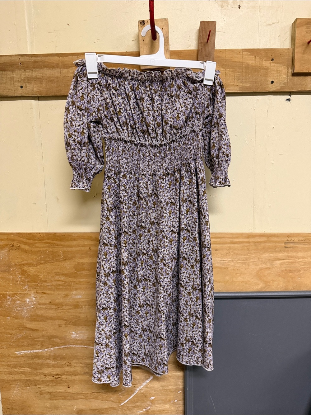 Smocked Off-Shoulder Floral Midi Dress in Lavender